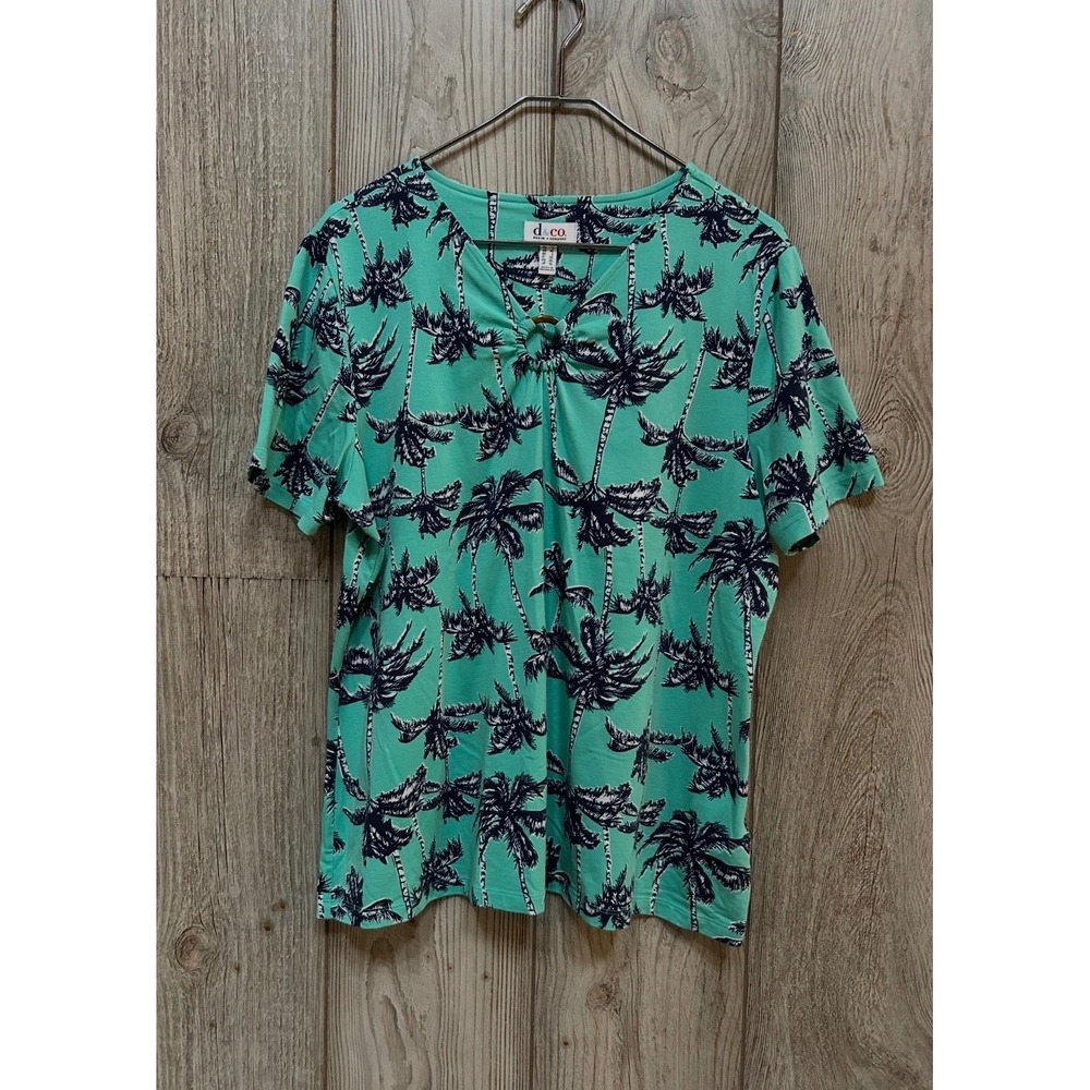 Denim & Co Women Large Teal Palm Tree Tropical Short Sleeve Keyhole V-Neck Top